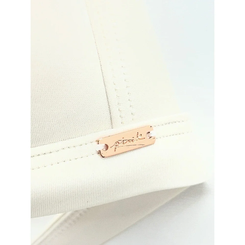 Victorias Secret PINK Cream Off White Halter Triangle Bikini Top Rose Gold Logo